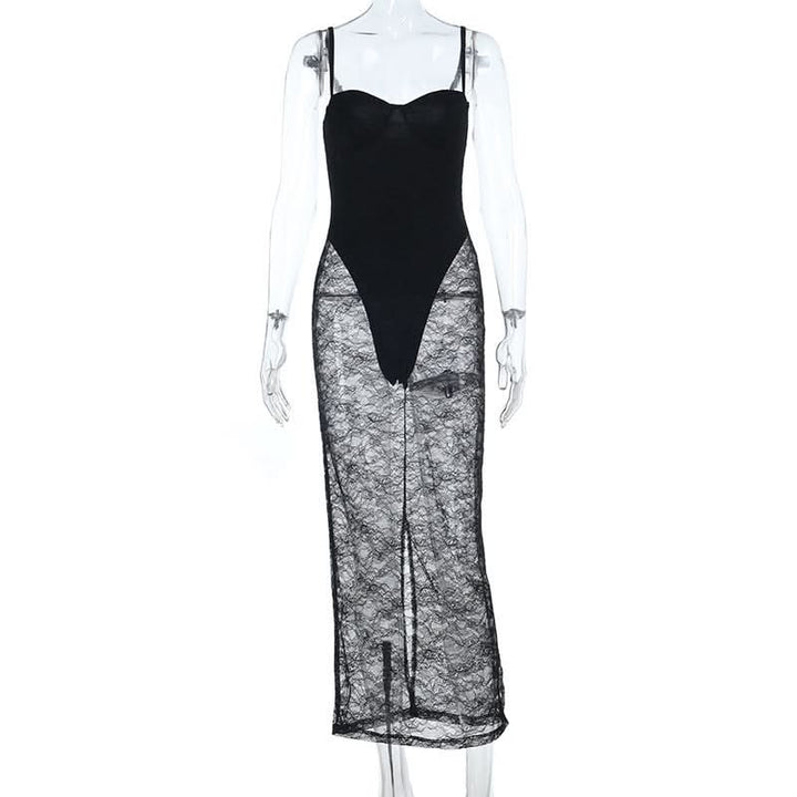 Slit v neck lace backless cami midi dress  | Festival Outfits Women-final-sale