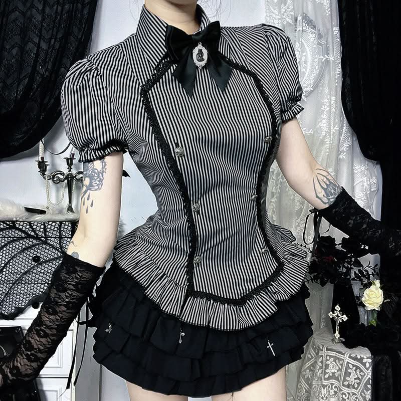 Bowknot striped ruffle short sleeve top  | Festival Outfits Women