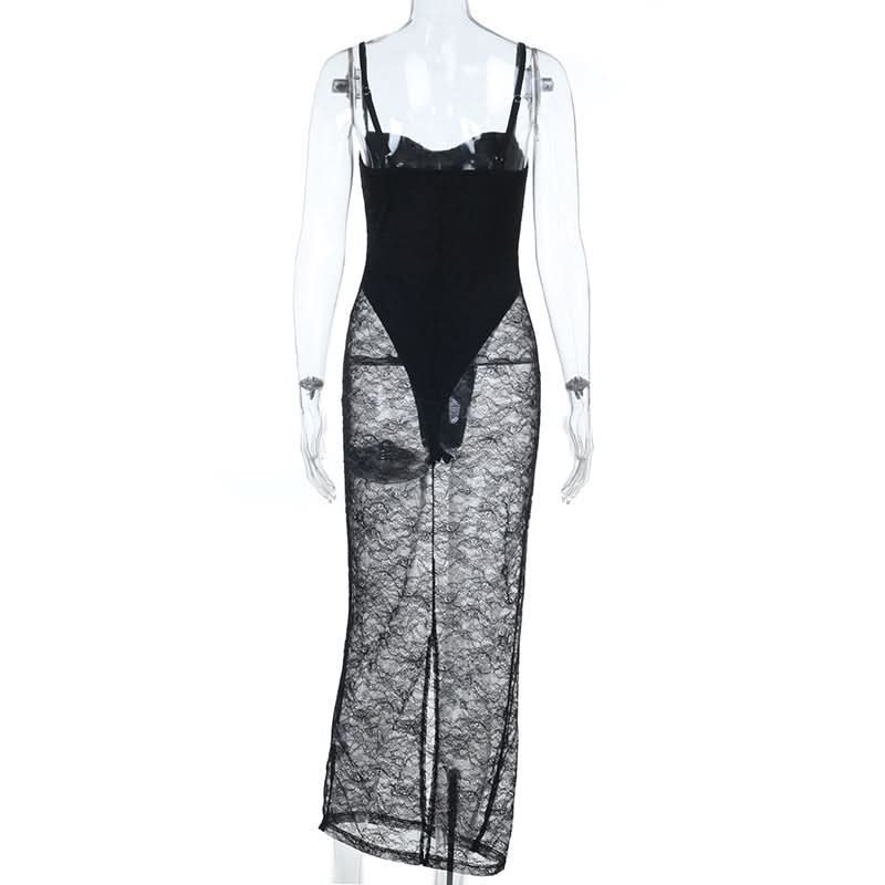 Slit v neck lace backless cami midi dress  | Festival Outfits Women-final-sale