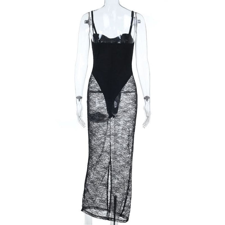 Slit v neck lace backless cami midi dress  | Festival Outfits Women-final-sale