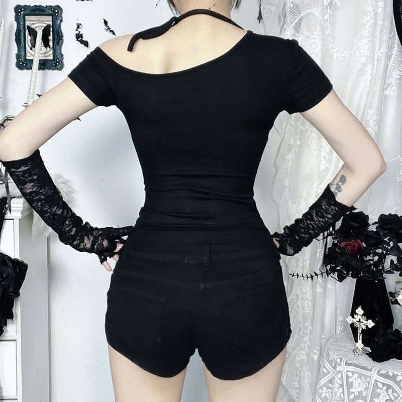 Short sleeve bat print irregular black top  | Festival Outfits Women
