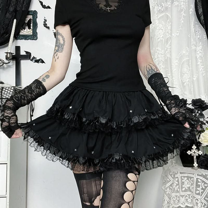 Ruched lace hem A line black mini skirt  | Festival Outfits Women