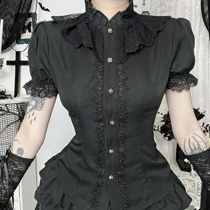Lace hem bowknot short sleeve black top  | Festival Outfits Women
