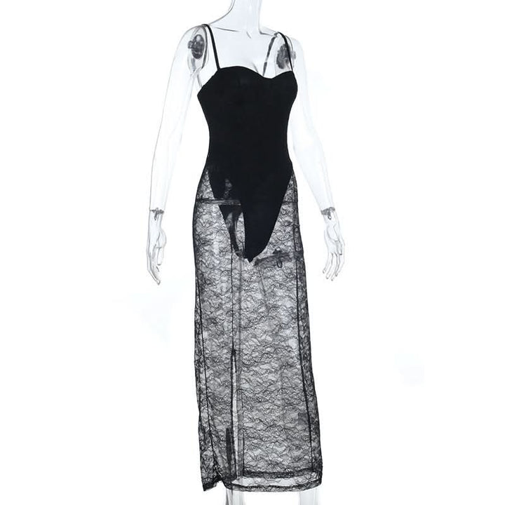 Slit v neck lace backless cami midi dress  | Festival Outfits Women-final-sale