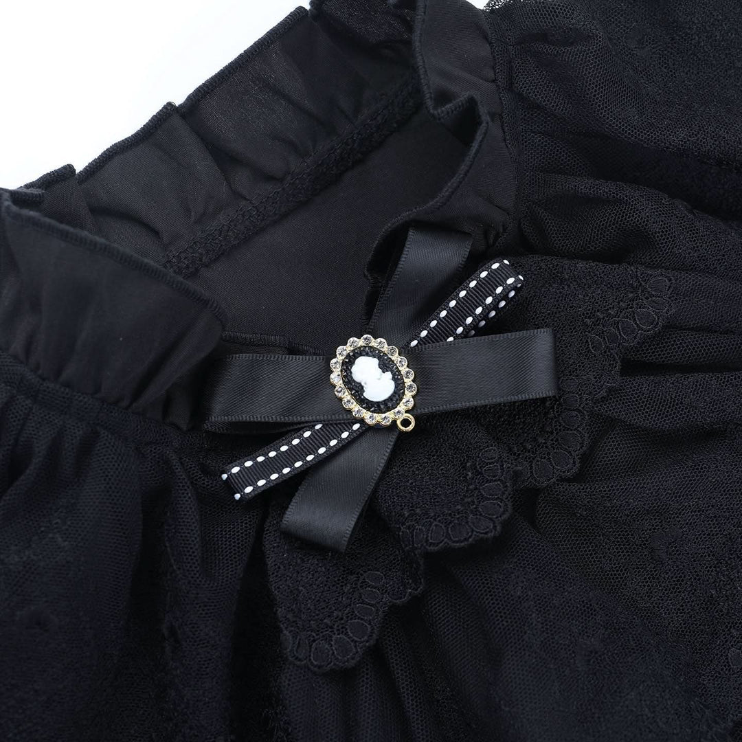 Lace hem bowknot short sleeve black top  | Festival Outfits Women