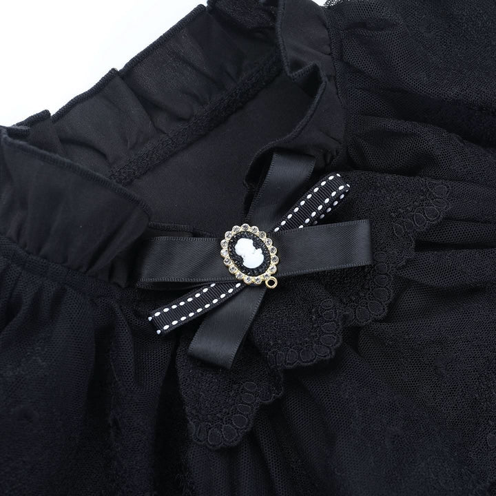 Lace hem bowknot short sleeve black top  | Festival Outfits Women