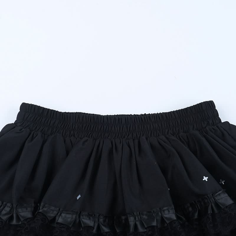 Ruched lace hem A line black mini skirt  | Festival Outfits Women