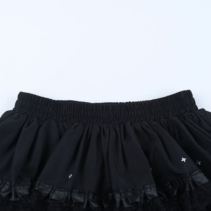 Ruched lace hem A line black mini skirt  | Festival Outfits Women