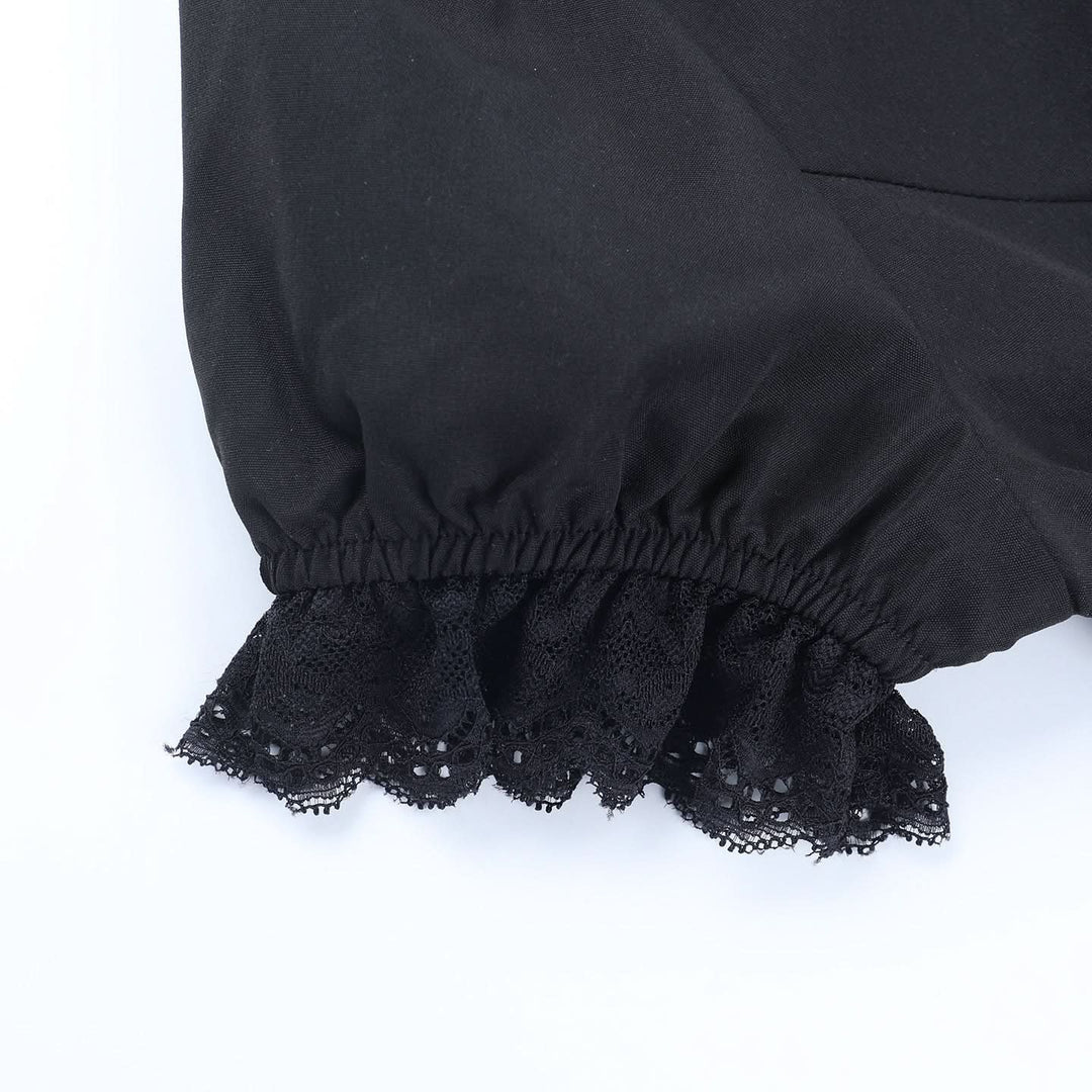 Lace hem bowknot short sleeve black top  | Festival Outfits Women