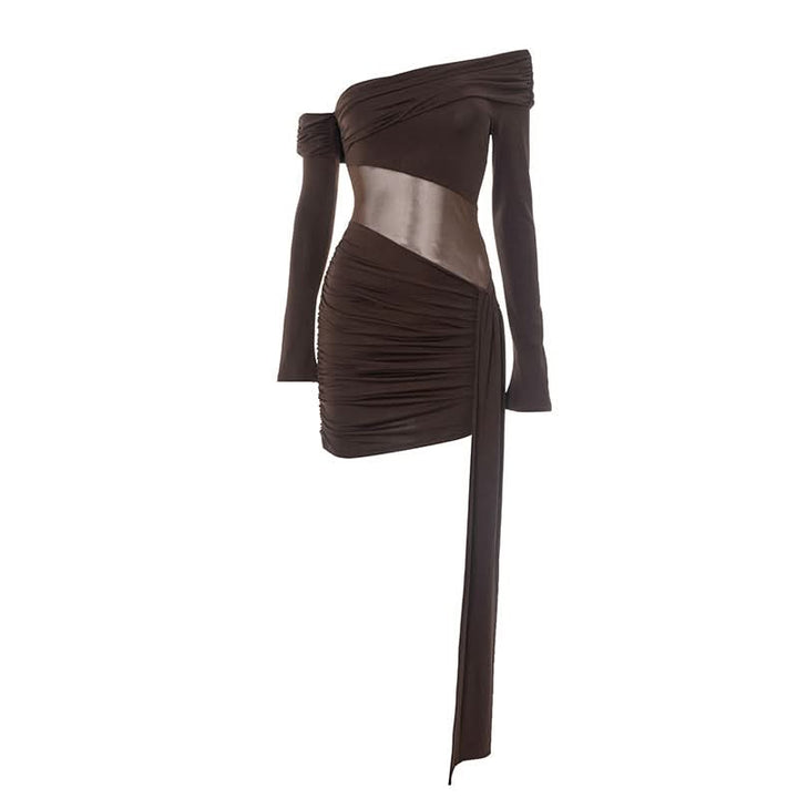 Irregular ruched off shoulder long sleeve mini dress  | Festival Outfits Women