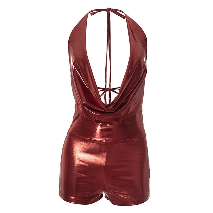 Halter self tie cowl neck metallic romper  | Festival Outfits Women