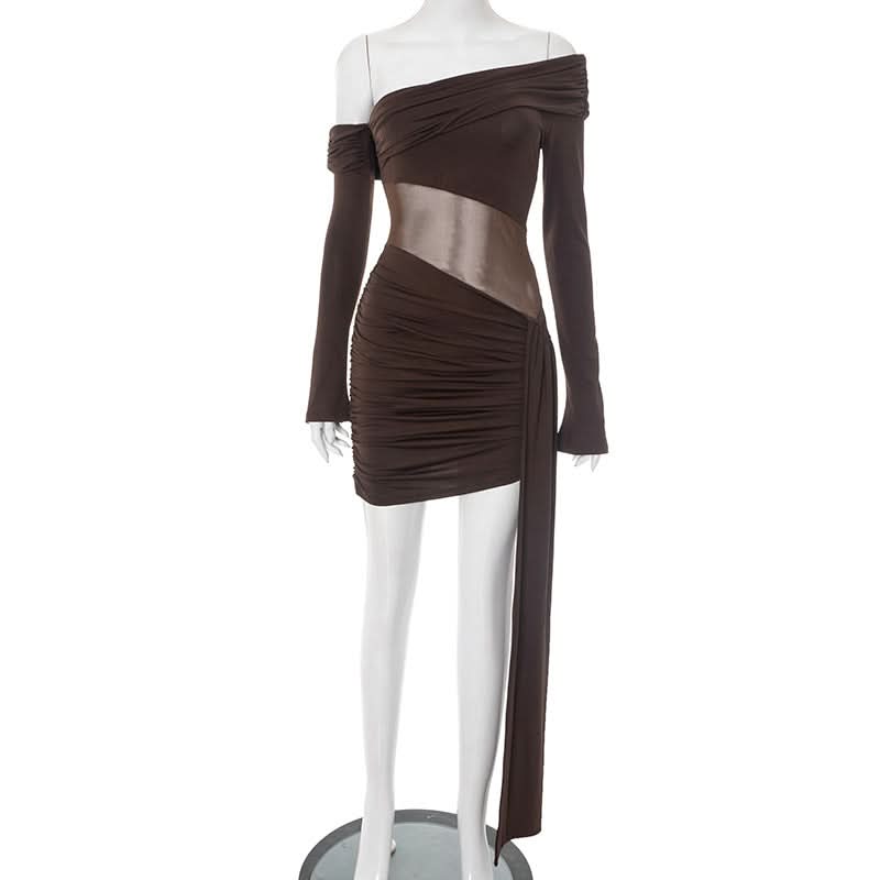 Irregular ruched off shoulder long sleeve mini dress  | Festival Outfits Women
