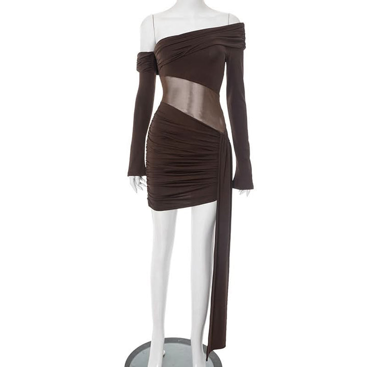 Irregular ruched off shoulder long sleeve mini dress  | Festival Outfits Women