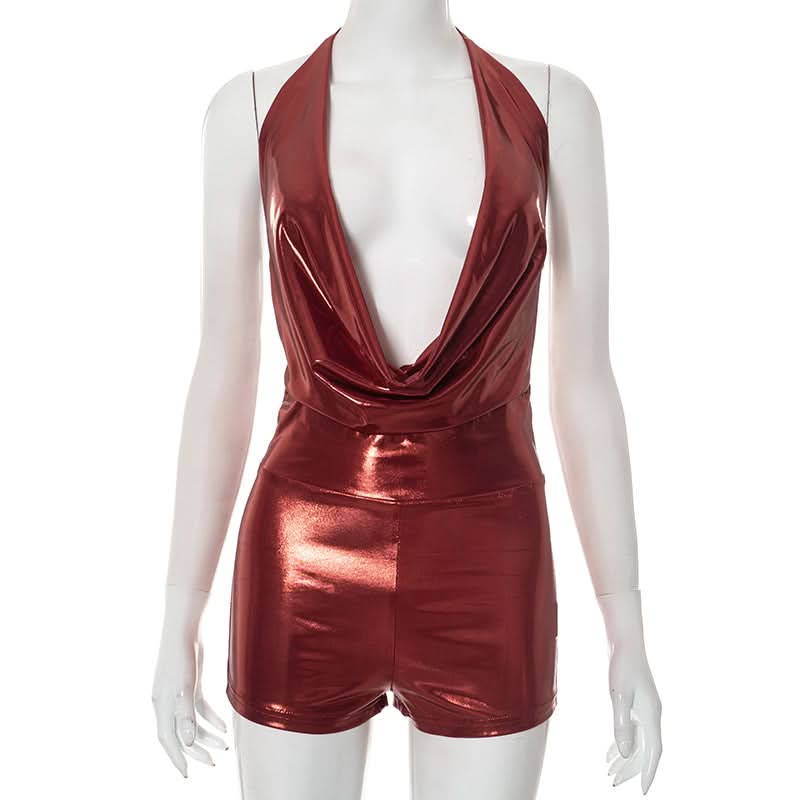 Halter self tie cowl neck metallic romper  | Festival Outfits Women