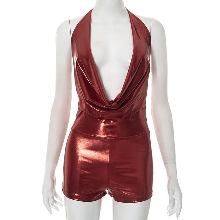 Halter self tie cowl neck metallic romper  | Festival Outfits Women
