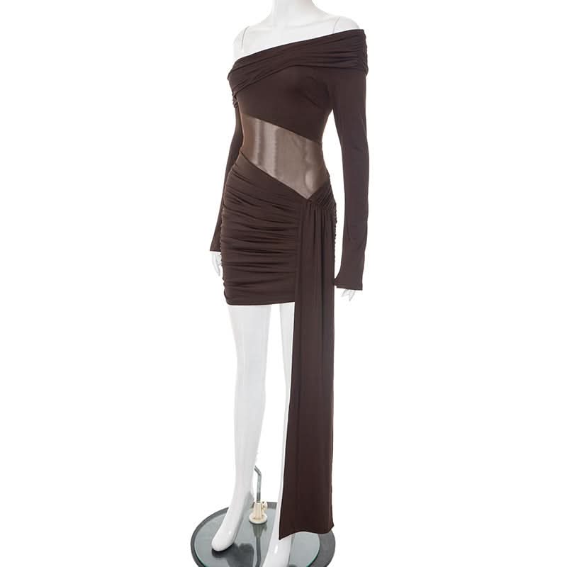 Irregular ruched off shoulder long sleeve mini dress  | Festival Outfits Women