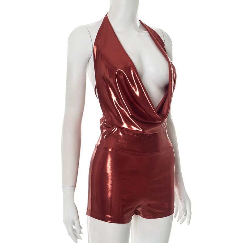 Halter self tie cowl neck metallic romper  | Festival Outfits Women