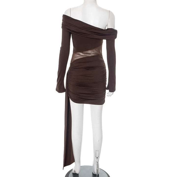 Irregular ruched off shoulder long sleeve mini dress  | Festival Outfits Women