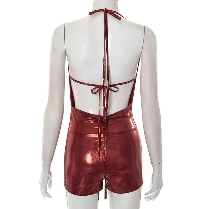 Halter self tie cowl neck metallic romper  | Festival Outfits Women