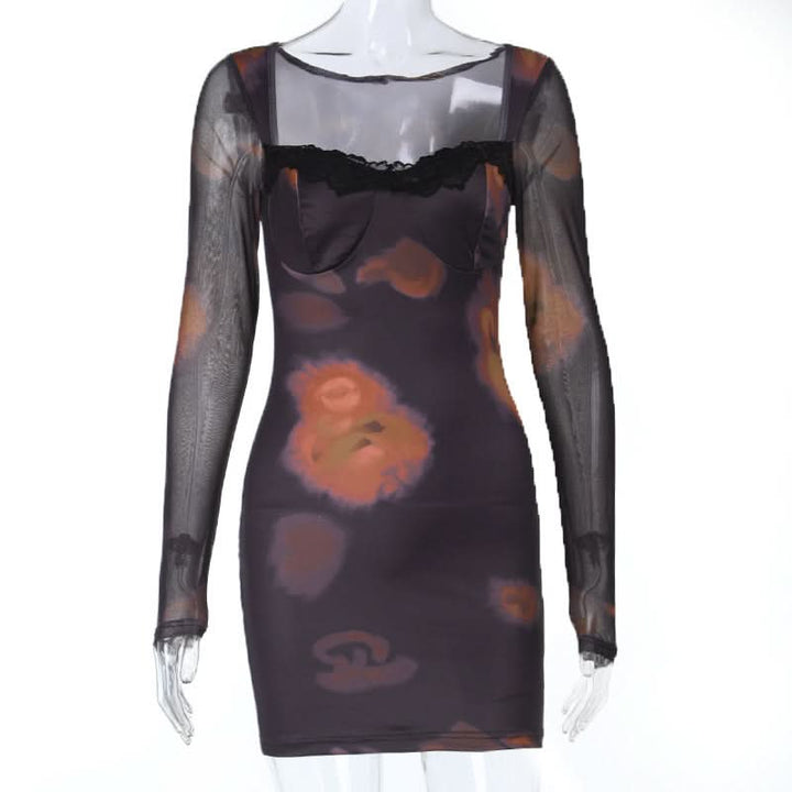 Long sleeve lace hem print v neck mini dress  | Festival Outfits Women-final-sale