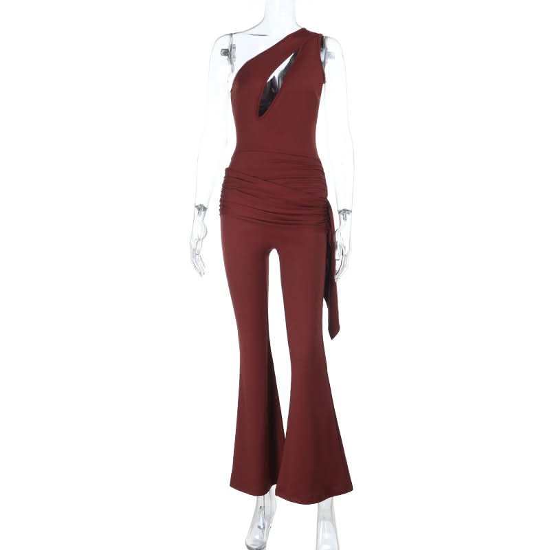 Hollow out ruched one shoulder irregular jumpsuit  | Festival Outfits Women