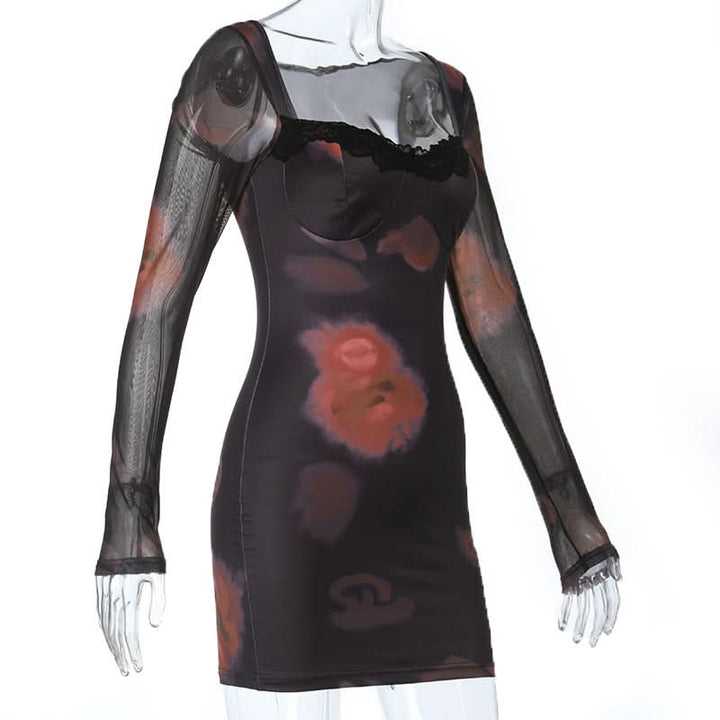 Long sleeve lace hem print v neck mini dress  | Festival Outfits Women-final-sale
