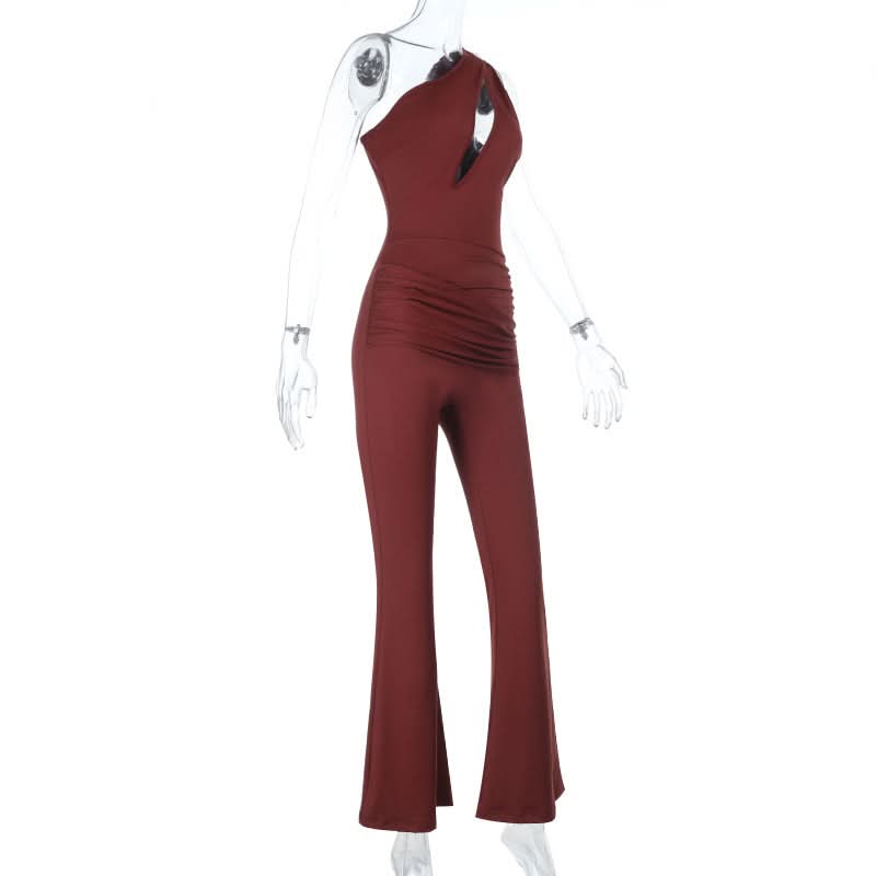 Hollow out ruched one shoulder irregular jumpsuit  | Festival Outfits Women