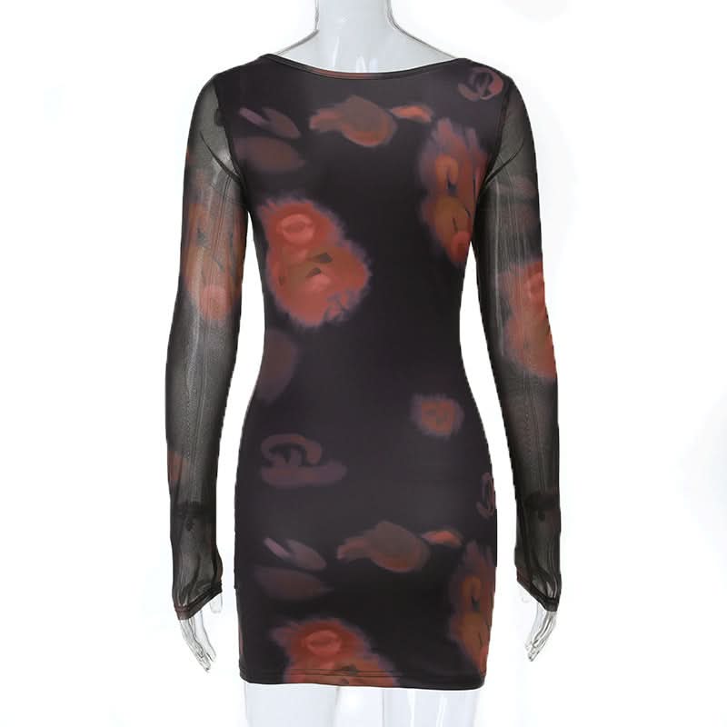 Long sleeve lace hem print v neck mini dress  | Festival Outfits Women-final-sale