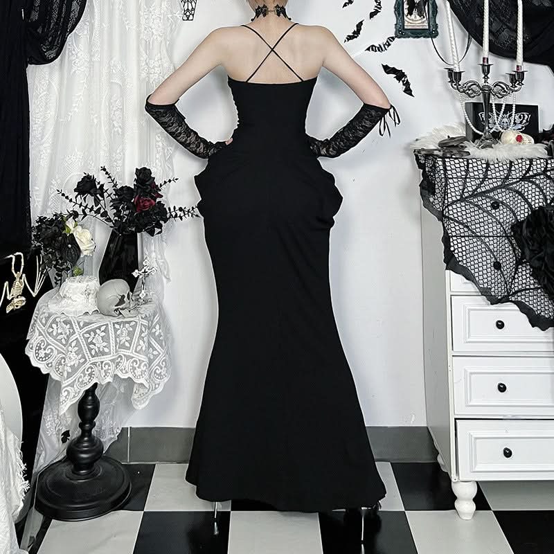 Cross back lace hem v neck ruched maxi dress  | Festival Outfits Women-final-sale