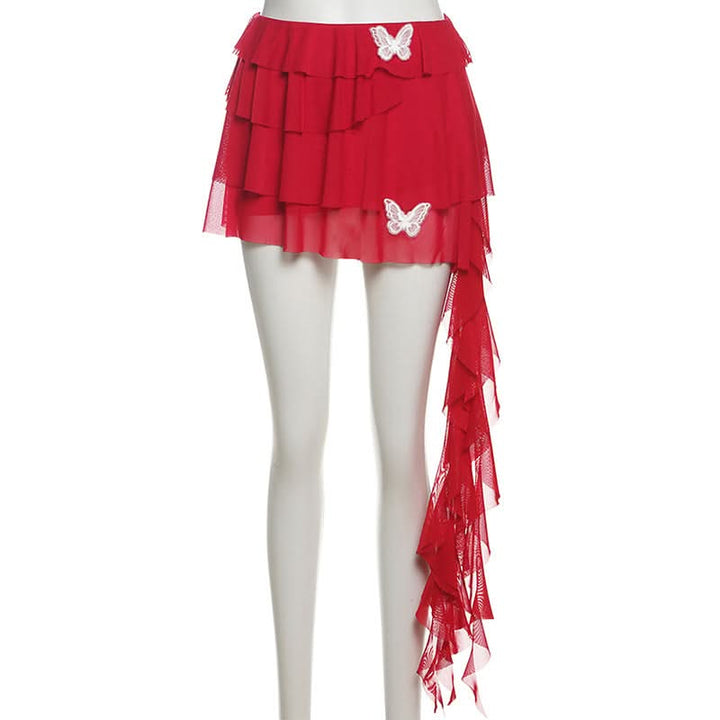 Butterfly applique mesh ruffle mini skirt  | Festival Outfits Women