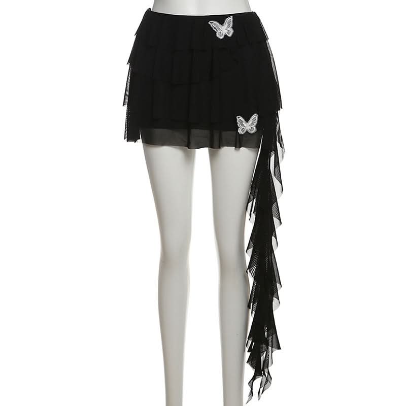 Butterfly applique mesh ruffle mini skirt  | Festival Outfits Women