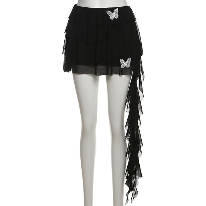 Butterfly applique mesh ruffle mini skirt  | Festival Outfits Women