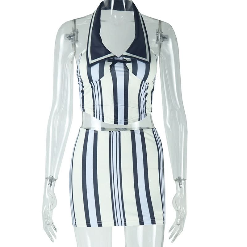 Striped print halter padded bowknot mini skirt set  | Festival Outfits Women