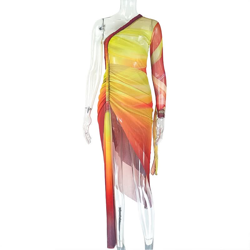 One shoulder contrast mesh slit midi dress  | Festival Outfits Women