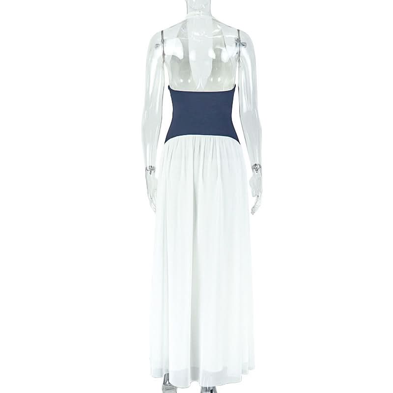 Halter v neck button mesh maxi dress  | Festival Outfits Women