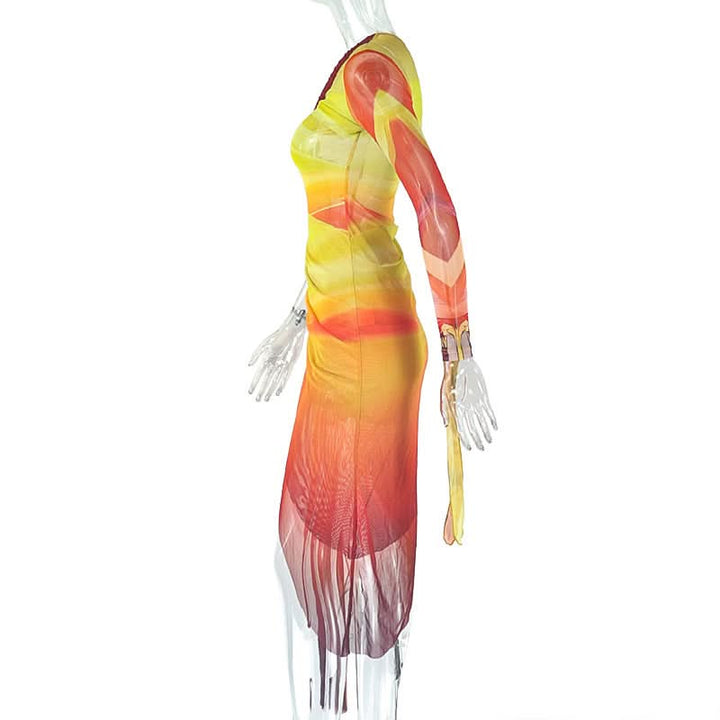 One shoulder contrast mesh slit midi dress  | Festival Outfits Women