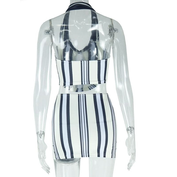 Striped print halter padded bowknot mini skirt set  | Festival Outfits Women