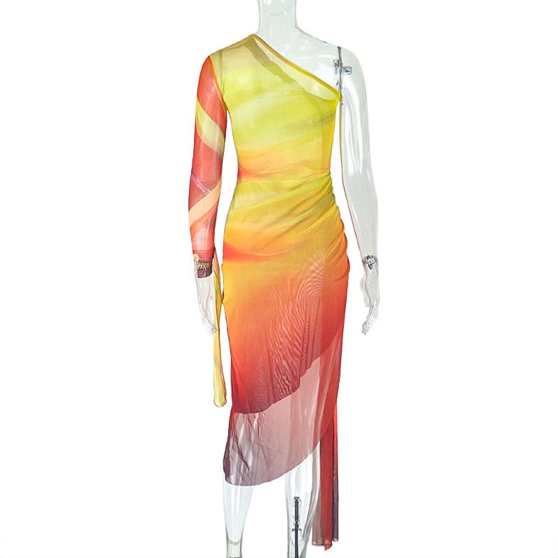 One shoulder contrast mesh slit midi dress  | Festival Outfits Women