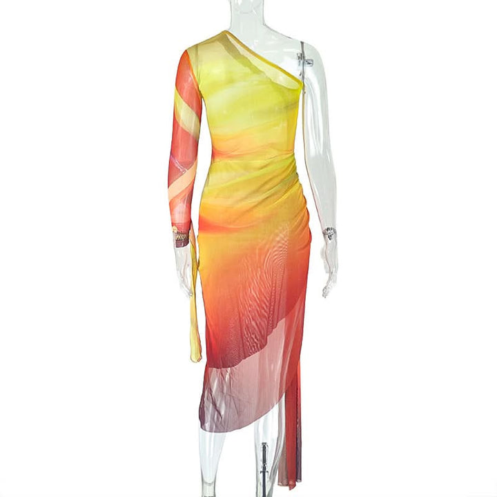 One shoulder contrast mesh slit midi dress  | Festival Outfits Women