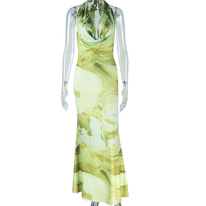Halter cowl neck contrast backless maxi dress  | Festival Outfits Women