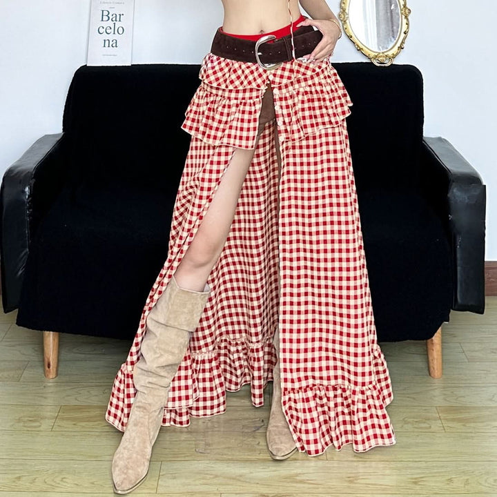 Plaid ruffle high slit button maxi skirt  | Festival Outfits Women