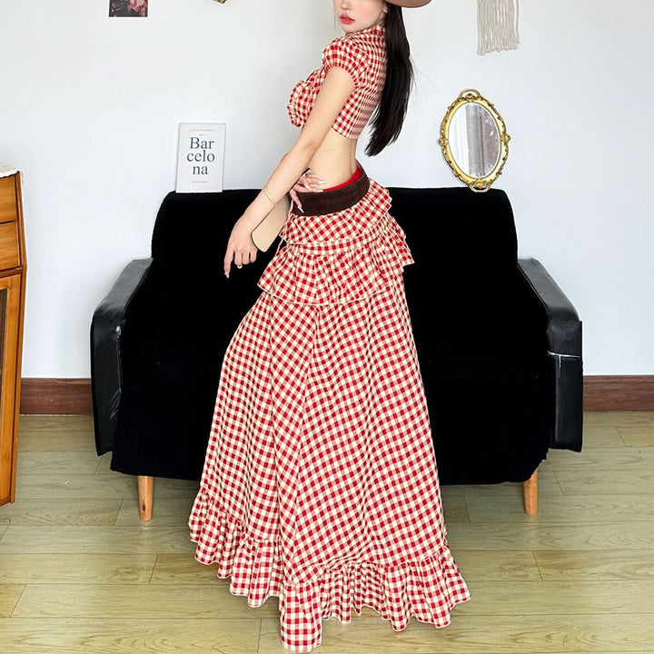 Plaid button short sleeve crop top  | Festival Outfits Women
