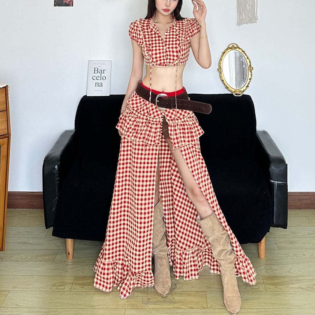 Plaid ruffle high slit button maxi skirt  | Festival Outfits Women