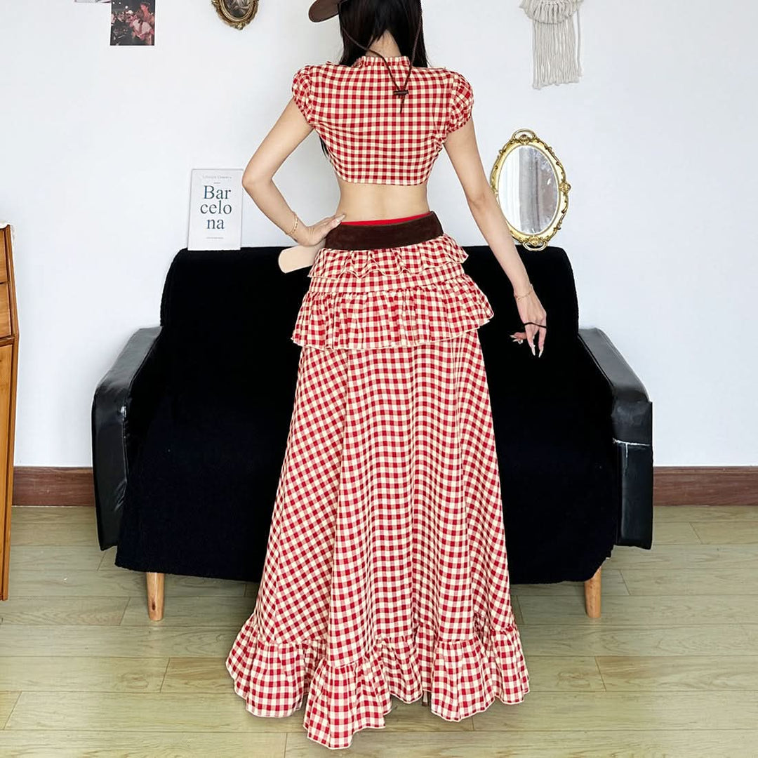Plaid button short sleeve crop top  | Festival Outfits Women