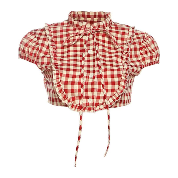Plaid button short sleeve crop top  | Festival Outfits Women