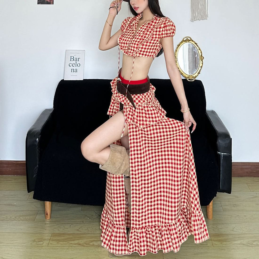 Plaid ruffle high slit button maxi skirt  | Festival Outfits Women