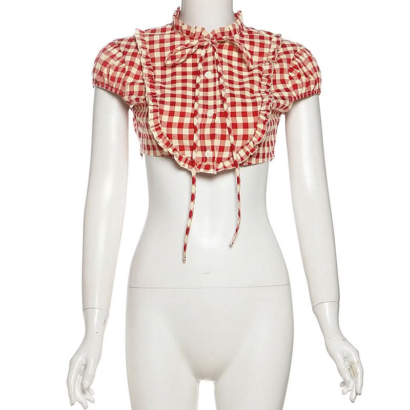 Plaid button short sleeve crop top  | Festival Outfits Women