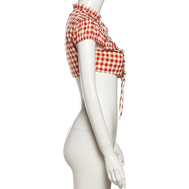 Plaid button short sleeve crop top  | Festival Outfits Women