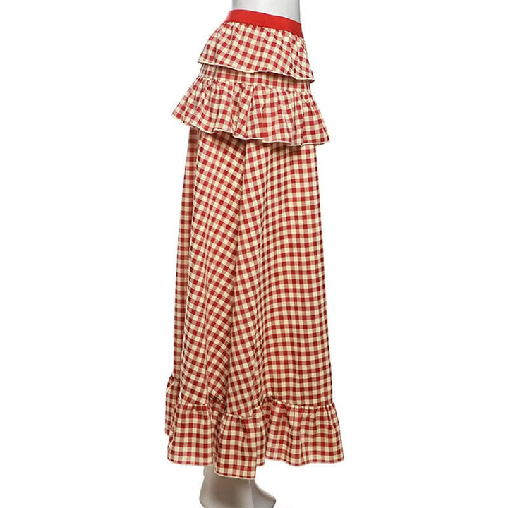 Plaid ruffle high slit button maxi skirt  | Festival Outfits Women