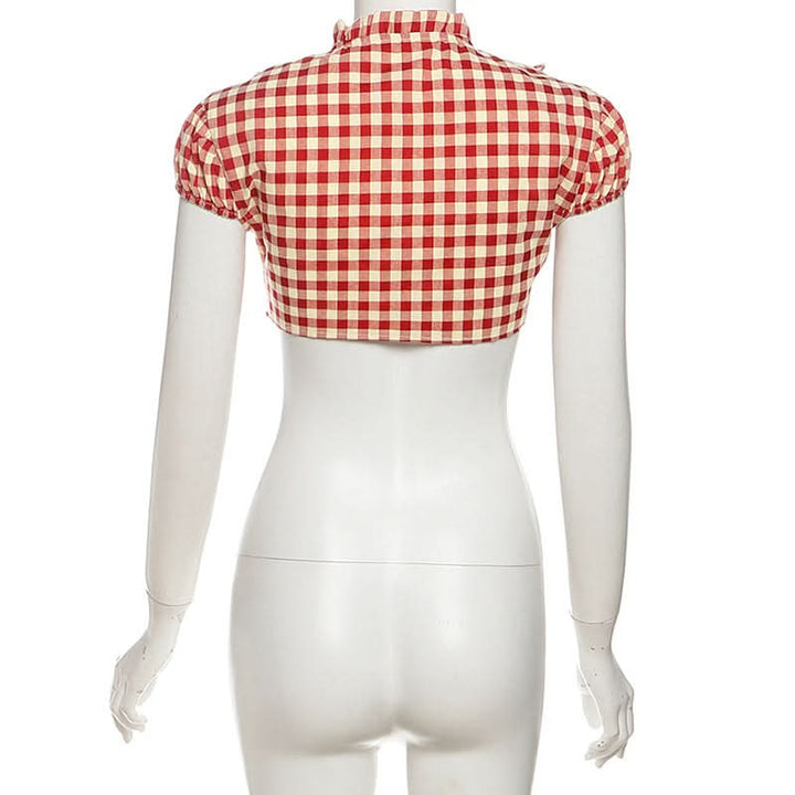 Plaid button short sleeve crop top  | Festival Outfits Women